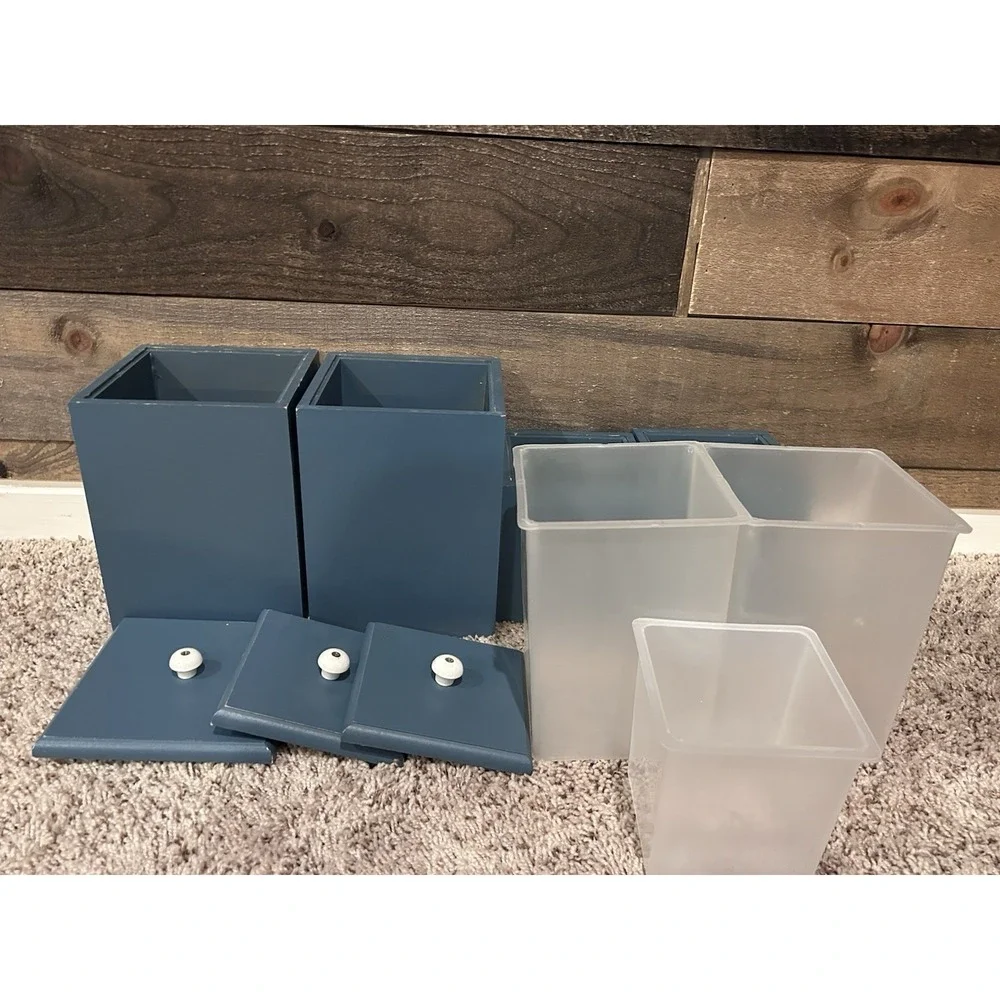 Four Vintage Blue Painted Floral Farmhouse Wooden Kitchen‎ Canister READ
